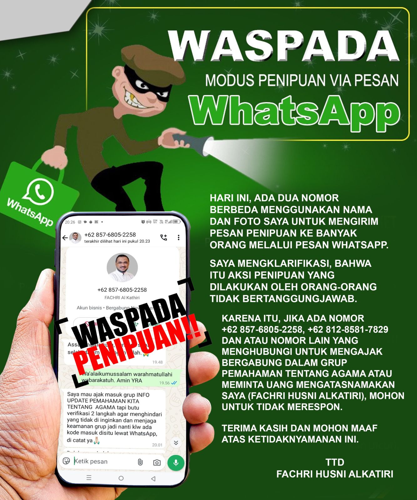 Waspada motif penipuan catut nama Bupati SBT, Fachri Alkatiri.